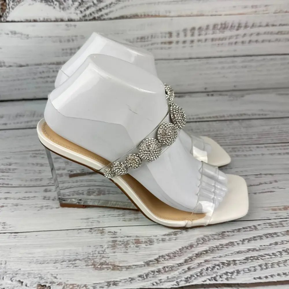 Betsey Johnson Troy Womens 8.5 Wedge Sandals Ivory Clear Rhinestone